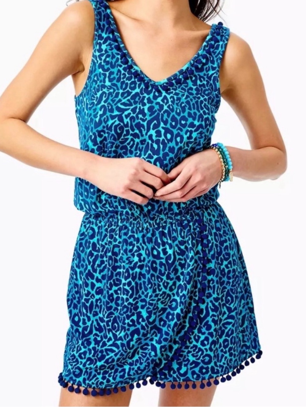 Lilly Pulitzer Blue Leopard Print Gigi Romper with Pom Trim XXS used shorts tank